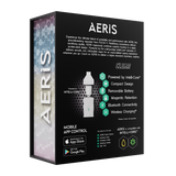 AERIS Portable E-Rig Kit box displaying exploded-view graphic, feature icons like Intelli-Core and app control badges, highlighting its compact, powerful dabbing capabilities and accessory list.