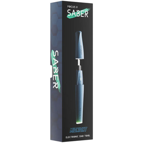 Saber Electric Dab Tool, featuring an ergonomic design with a high-capacity battery, USB-C port, LED spotlight, and visible logo on the pen-like device.