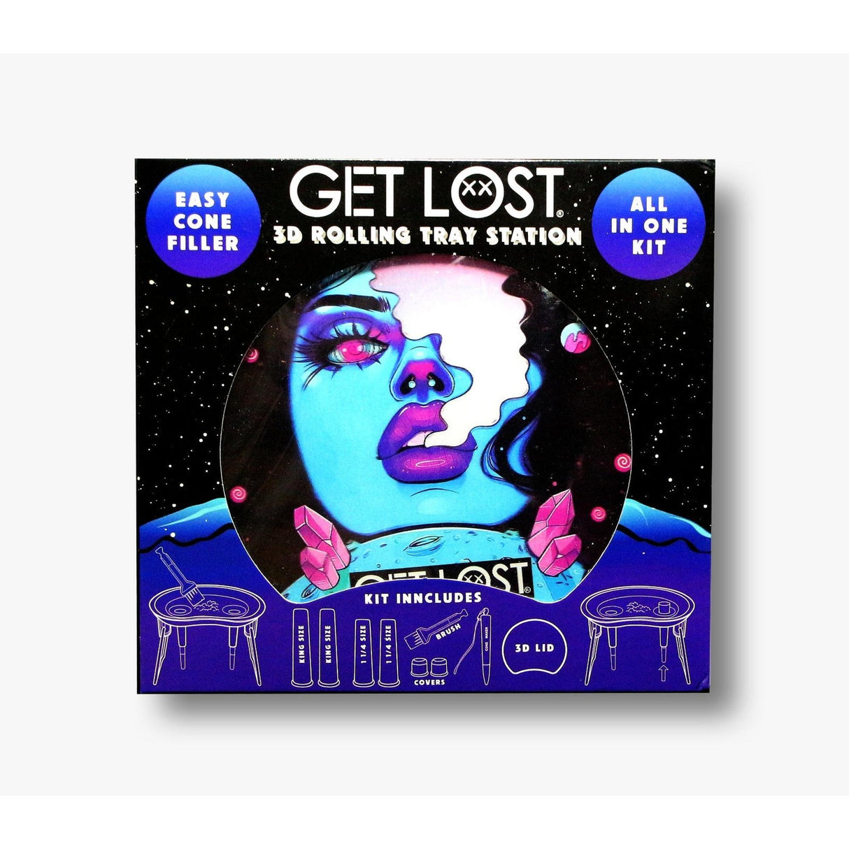 3D Rolling Tray Station - Get Lost packaging with neon-style face, starry background, highlighting All In One Kit, contents list, setup instructions on box front.