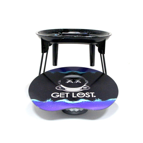 3D Rolling Tray Station - Get Lost: Compact camp stove with GET LOST branded heat diffuser plate, ideal for organized and efficient pre-roll preparation.