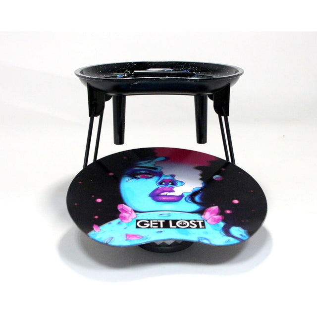 3D Rolling Tray Station - Get Lost featuring a speckled bowl on foldable legs and a tray with GET LOST text and a woman's portrait.