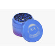 Aluminum Diamond Crusher Grinder - Purple & Blue with engraved astronaut lid, magnetic closure, and sharp diamond-shaped teeth for efficient herb grinding.