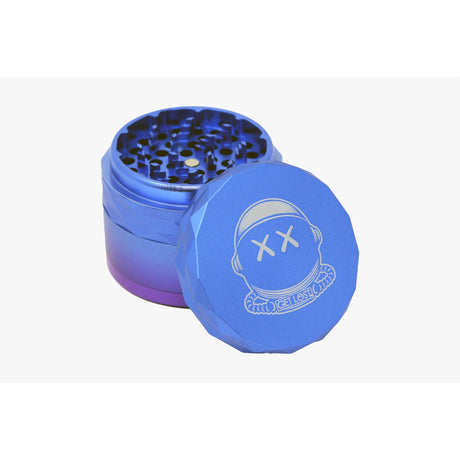 Aluminum Diamond Crusher Grinder - Purple & Blue with engraved astronaut lid, magnetic closure, and sharp diamond-shaped teeth for efficient herb grinding.