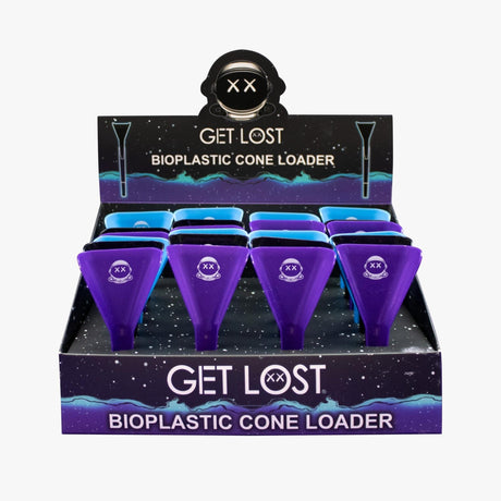 Countertop display of GET LOST Bioplastic Cone Loaders, showcasing triangular tools for packing pre-rolled cones, set in a starry-motif box labeled BIOPLASTIC CONE LOADER.