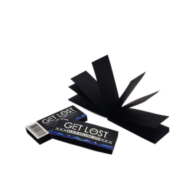 Black Rolling Tips - Pack of 50 - Carton of 24; showcases sleek black finish, open booklet revealing durable, eco-friendly tips for refined smoking experience.