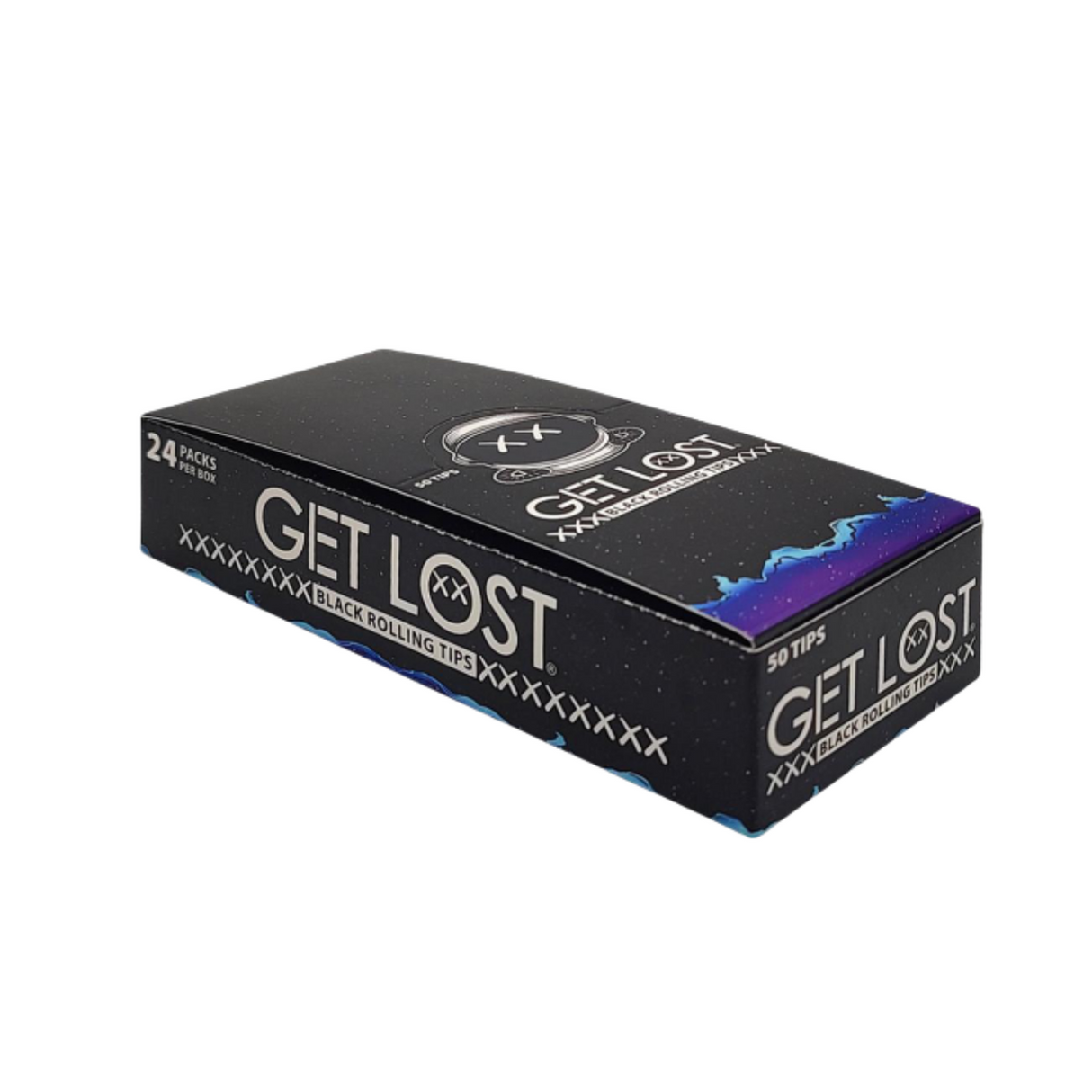 Black Rolling Tips - Pack of 50 - Carton of 24, featuring a galaxy-themed box design, highlighting eco-friendly, durable rolling tips for enhanced smoking experiences.