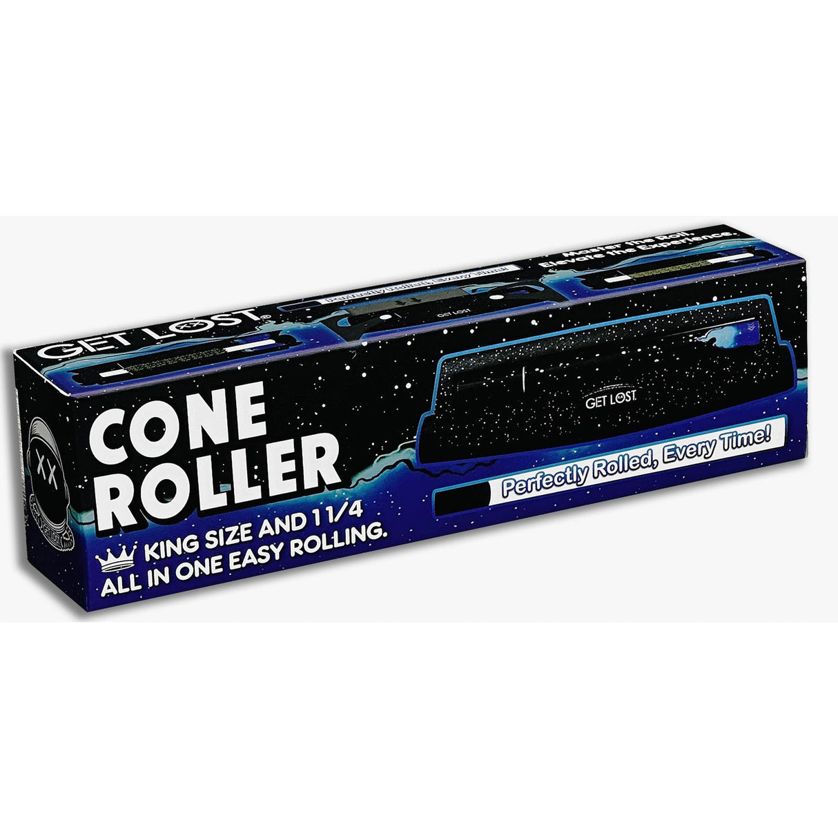 Cone Rolling Machine - Carton of 12: Retail box with star-field design, showcasing a versatile cone roller for King-Size and 1¼ cones. Perfect for quick, easy cone rolling.