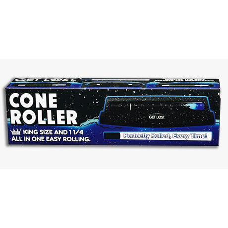 Cone Rolling Machine - Carton of 12 packaging; displays Get Lost branding, showcasing a compact tool for effortless, king-size cone rolling in seconds.