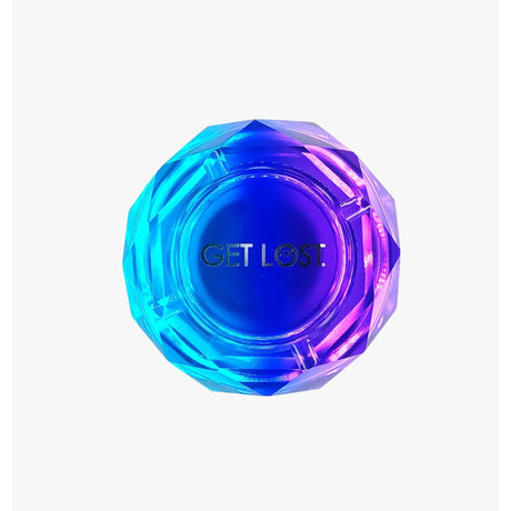 Diamond Ashtray Gradient - Blue & Purple: Faceted glass ashtray with GET LOST embossed, offering a luxurious, jewel-inspired design for sophisticated smoking rituals.