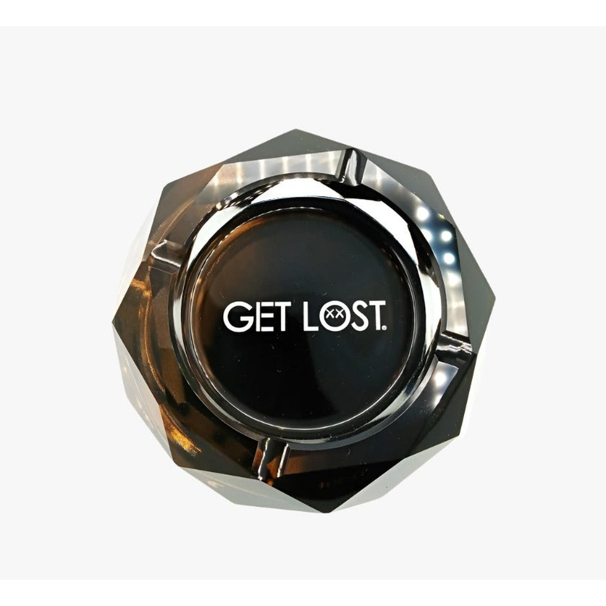Top view of the Diamond Ashtray Gradient, featuring a black faceted design with GET LOST in the center, highlighting elegance and sophistication.