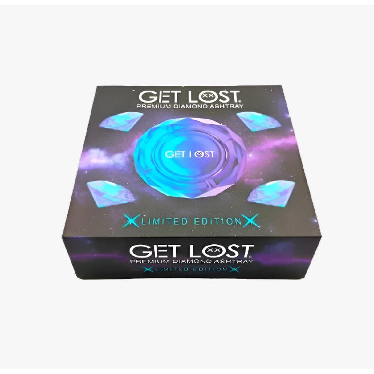 Retail box for Diamond Ashtray Gradient - Blue & Purple, featuring elegant packaging with brand name, stylized gem graphic, and Limited Edition label.