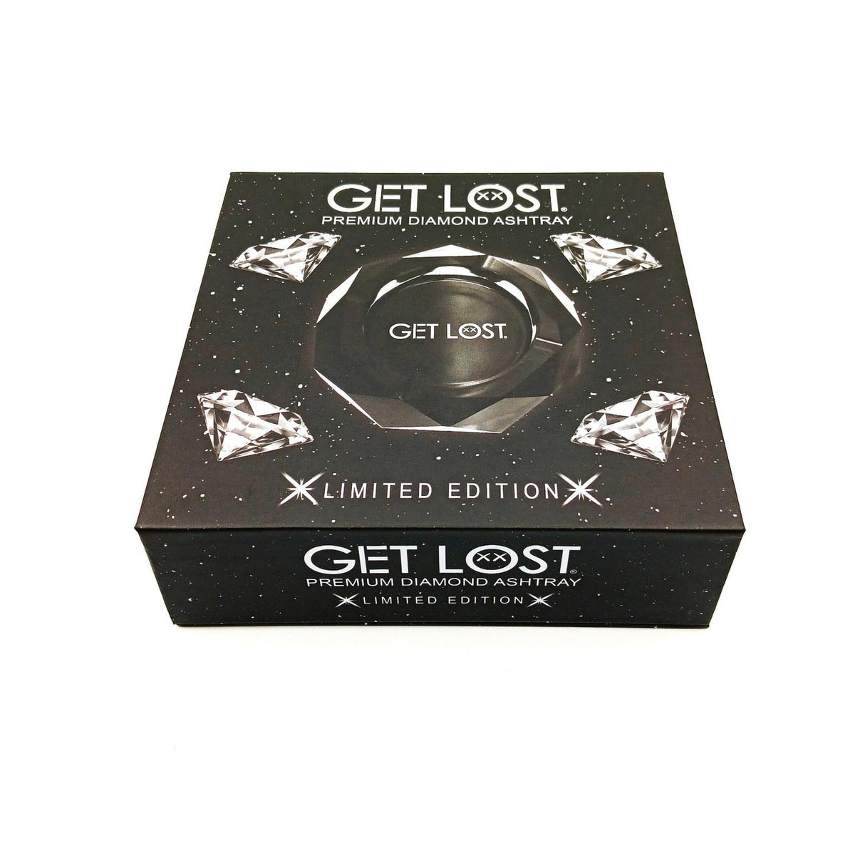 GET LOST Premium Diamond Ashtray's black box with diamond illustrations and branding, showcasing a luxury ashtray for sophisticated settings.