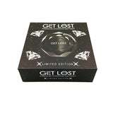 GET LOST Premium Diamond Ashtray's black box with diamond illustrations and branding, showcasing a luxury ashtray for sophisticated settings.