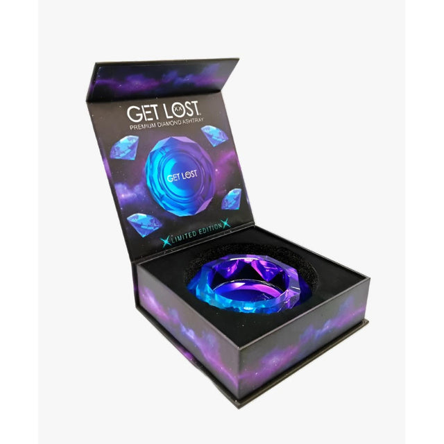Diamond Ashtray Gradient - Blue & Purple, gemstone-like with faceted design, nestled in a Get Lost presentation box, showcasing luxury craftsmanship and functionality.