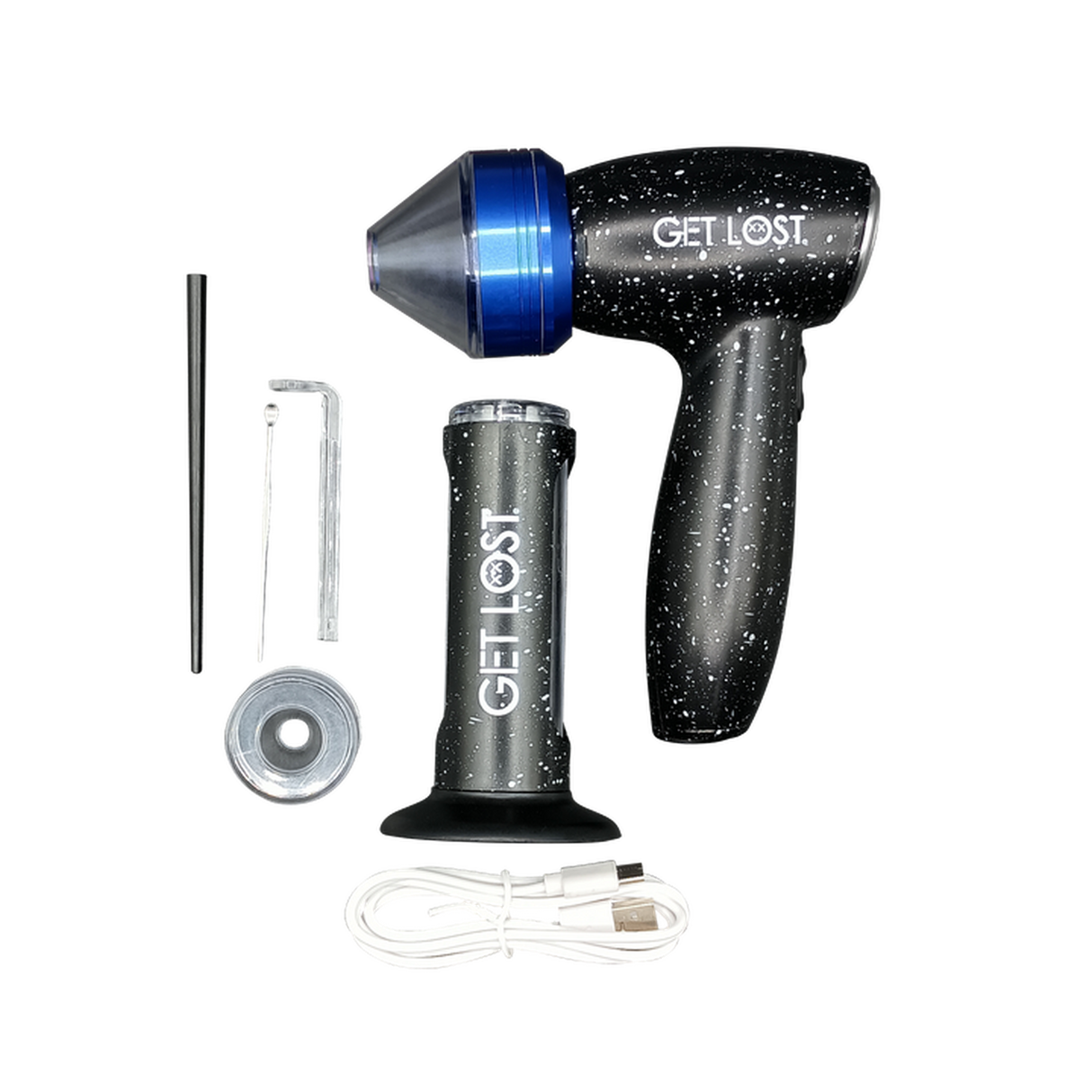 GET LOST dry-herb vaporizer kit includes a speckled vaporizer, base, packing tool, cleaning brush, hex key, metal piece, and USB charging cable.