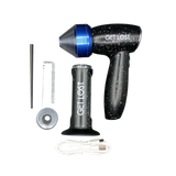 GET LOST dry-herb vaporizer kit includes a speckled vaporizer, base, packing tool, cleaning brush, hex key, metal piece, and USB charging cable.
