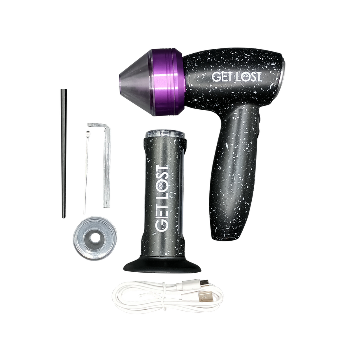 Electric Portable Grinder & Cone Loader - Purple with USB cable, collection chamber, and tools for efficient herb grinding and rolling. Compact and rechargeable for easy use.