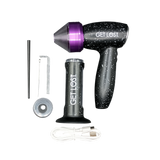 Electric Portable Grinder & Cone Loader - Purple with USB cable, collection chamber, and tools for efficient herb grinding and rolling. Compact and rechargeable for easy use.