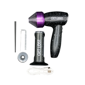 Electric Portable Grinder & Cone Loader - Purple with USB cable, collection chamber, and tools for efficient herb grinding and rolling. Compact and rechargeable for easy use.
