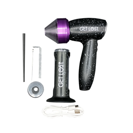 Electric Portable Grinder & Cone Loader - Purple with USB cable, collection chamber, and tools for efficient herb grinding and rolling. Compact and rechargeable for easy use.