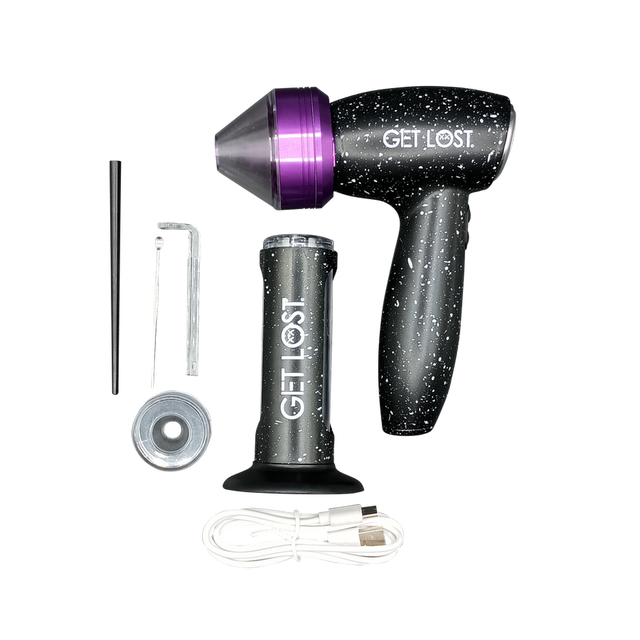 Electric Portable Grinder & Cone Loader - Purple with USB cable, collection chamber, and tools for efficient herb grinding and rolling. Compact and rechargeable for easy use.