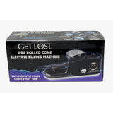 Electric Pre-Rolled Cone Filling Machine packaging showcasing the device, removable tray, stainless steel funnel, and pusher arm for easy, consistent cone filling.