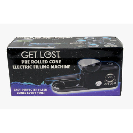 Electric Pre-Rolled Cone Filling Machine packaging showcasing the device, removable tray, stainless steel funnel, and pusher arm for easy, consistent cone filling.