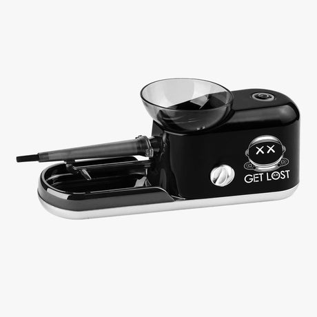 Electric Pre-Rolled Cone Filling Machine with astronaut graphic and GET LOST slogan, featuring a clear hopper and tray for efficient, user-friendly cone packing.