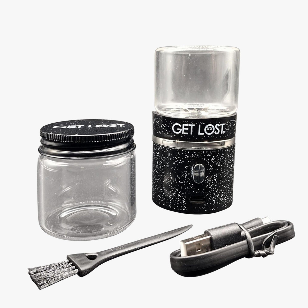 Galactic Electric Grinder kit with branded jar, electric grinder with USB-C port, cleaning brush, and charging cable, showcasing power and precision in herb grinding.