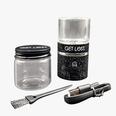 Galactic Electric Grinder kit with branded jar, electric grinder with USB-C port, cleaning brush, and charging cable, showcasing power and precision in herb grinding.
