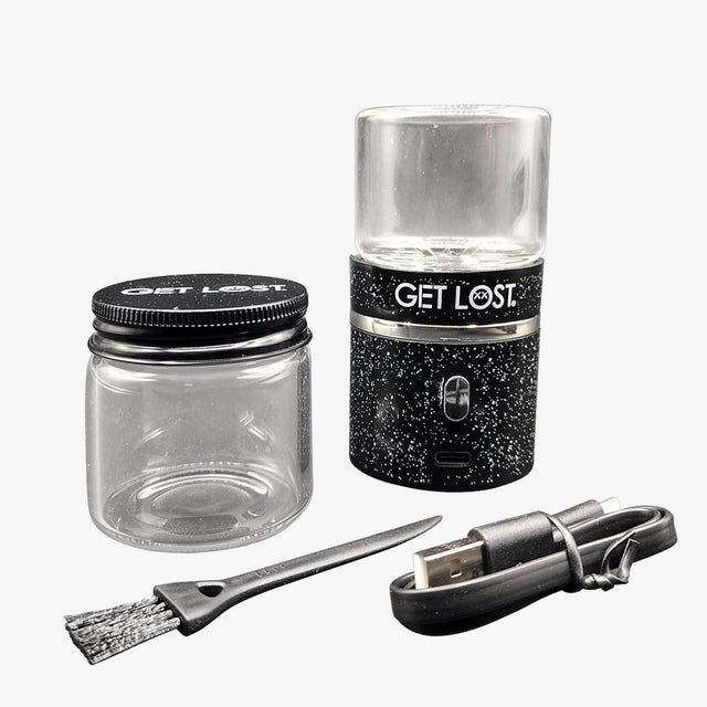 Galactic Electric Grinder kit with branded jar, electric grinder with USB-C port, cleaning brush, and charging cable, showcasing power and precision in herb grinding.