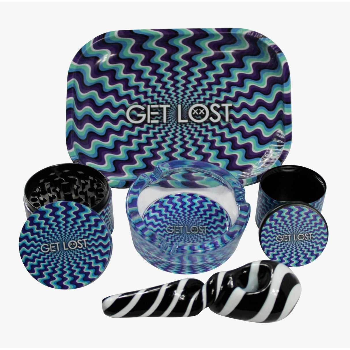 Hand Pipe Gift Set - 5 in 1 - Baby Blue Swirl featuring a hand pipe, grinder, ashtray, stash jar, and rolling tray with GET LOST pattern.
