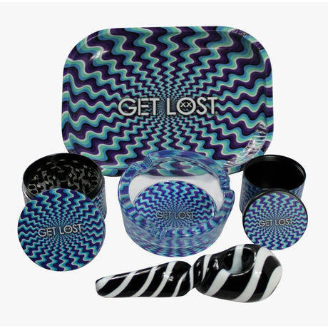 Hand Pipe Gift Set - 5 in 1 - Baby Blue Swirl featuring a hand pipe, grinder, ashtray, stash jar, and rolling tray with GET LOST pattern.