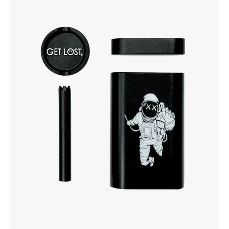 Pocket-sized Metal Dugout Grinder by GET LOST featuring a black one-hitter pipe, screw-on lid ashtray, and stash box with astronaut design.