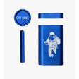 Three-piece Metal Dugout Grinder kit with cartoon astronaut design, featuring a compact aluminum case, round magnetic cover, and cylindrical tube for discreet herb storage and use.