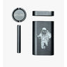 Metal Dugout Grinder: four matte-black aluminum pieces including a screw-on lid, magnetic lid, one-hitter tool, and dugout box with astronaut graphic, GET LOST text.