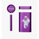 Metal Dugout Grinder featuring GET LOST lid, silkscreened astronaut case, and components for discreet storage and smoking, including a filter-tip holder and rolling tray.