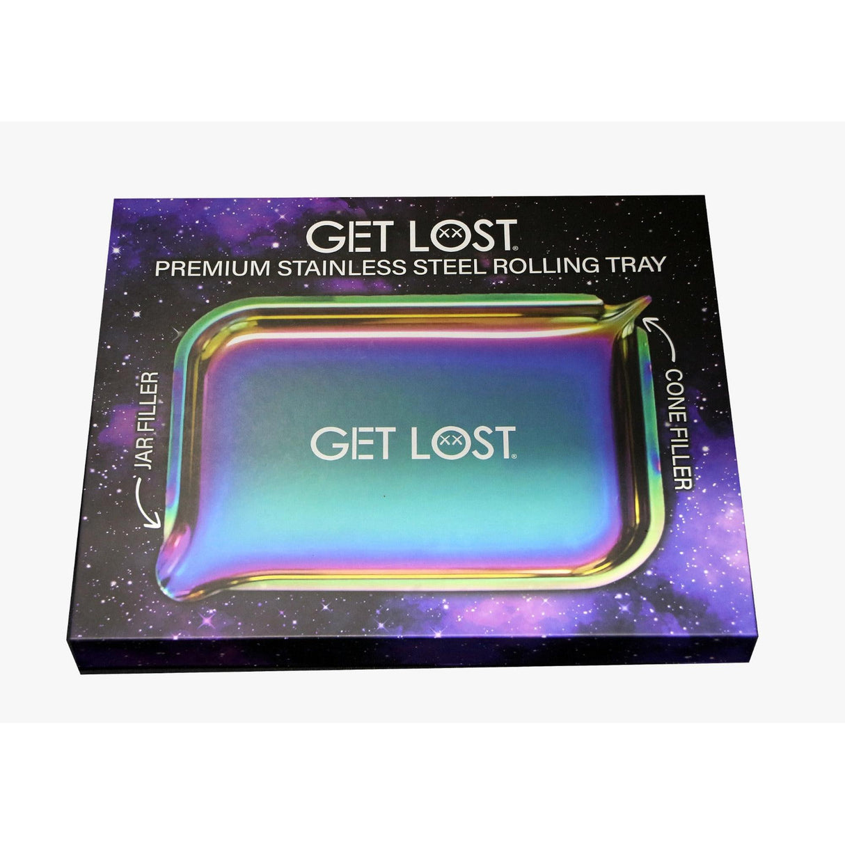 Premium Stainless Steel Tray - Multicolor with galaxy-themed packaging, showcasing its dual funnel design for jar and cone filling, and curved edges for spill prevention.