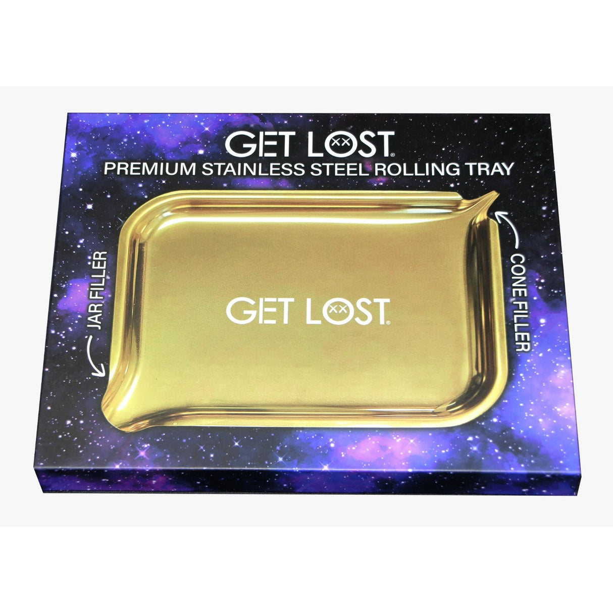 Premium Stainless Steel Tray - Multicolor, featuring a cosmic background, dual funnel design for cones and jars, and sleek, curved edges for efficient rolling and filling.