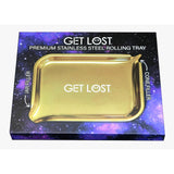 Premium Stainless Steel Tray - Multicolor, featuring a cosmic background, dual funnel design for cones and jars, and sleek, curved edges for efficient rolling and filling.