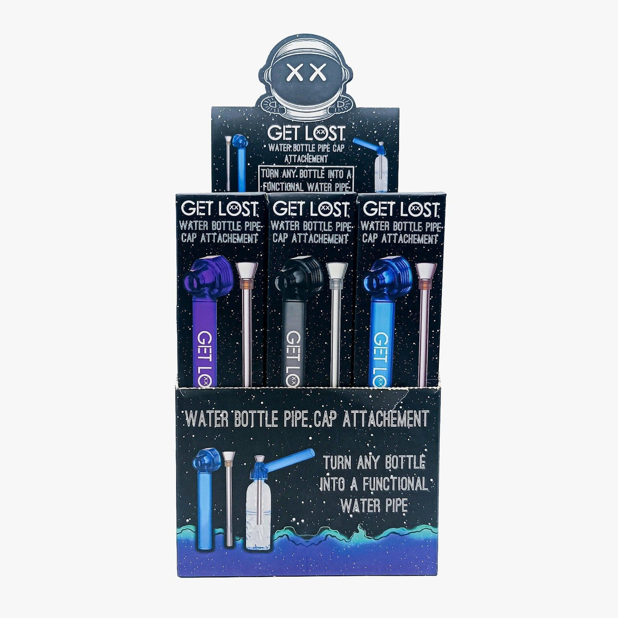 Countertop display of Water Bottle Pipe Cap Attachment - Carton of 12, showcasing screw-on caps with integrated down-stems and removable metal bowls for transforming bottles into water pipes.