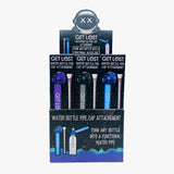 Countertop display of Water Bottle Pipe Cap Attachment - Carton of 12, showcasing screw-on caps with integrated down-stems and removable metal bowls for transforming bottles into water pipes.