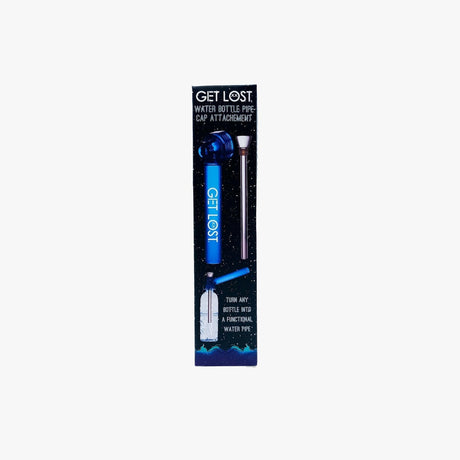 Water Bottle Pipe Cap Attachment - Carton of 12, featuring a blue “GET LOST” branded cap, glass downstem, and bowl for converting bottles into water pipes.