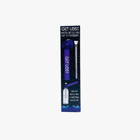 Retail packaging of Water Bottle Pipe Cap Attachment - Carton of 12, featuring a purple cap that converts standard bottles into water pipes with a metal down-stem and bowl.
