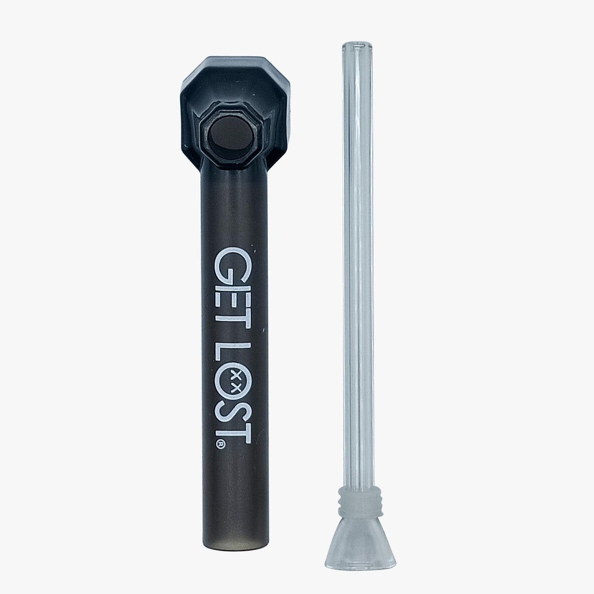 Water Bottle Pipe Cap Attachment - Carton of 12: Slim black pipe with GET LOST stamped, paired with a detachable clear-glass stem.