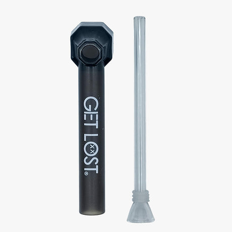 Water Bottle Pipe Cap Attachment - Carton of 12: Slim black pipe with GET LOST stamped, paired with a detachable clear-glass stem.