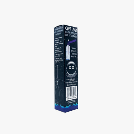 Retail packaging for Water Bottle Pipe Cap Attachment - Carton of 12, featuring instructions and branding on a starry-sky design box, detailing its portable bong conversion use.