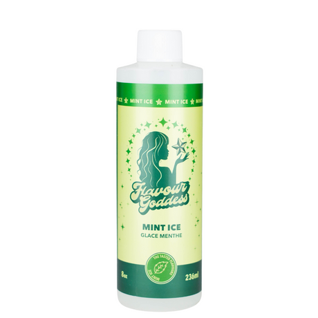 Bong Water Enhancer - 8oz bottle labeled Mint Ice / Glace Menthe, featuring Flavour Goddess logo and stars, used to enhance bong flavor and smoothness.