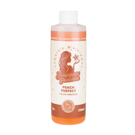 Bong Water Enhancer - 8oz: Tall plastic bottle with peach label, “Flavour Goddess Peach Perfect” in English and French, 236 ml, enhances flavor and smooths smoke.