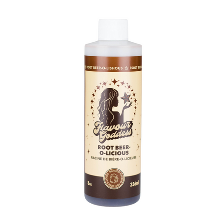 Bong Water Enhancer - 8oz: 8 oz bottle of Flavour Goddess “Root Beer-O-Licious” flavor concentrate for enhancing bong use with smoother, root beer-infused smoke.